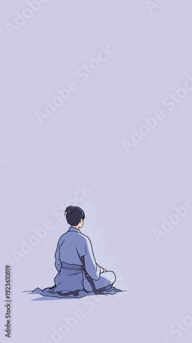 A person in a simple outfit sits on a mat and faces away from the viewer. The background is light and plain.