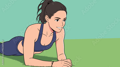 A person is engaged in a plank exercise on a grassy area. The setting is bright with clear skies.