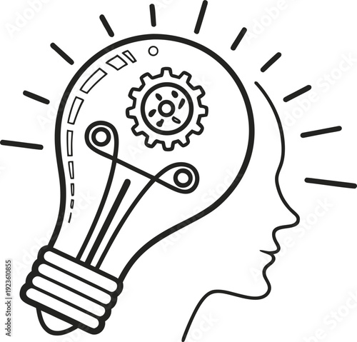 Creative mind with gears inside a light bulb symbolizing innovation and ideas