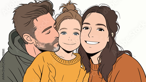 A man kisses a girl on the cheek, while a woman smiles, all three showing joy and connection in a warm moment.