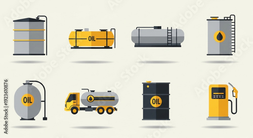 Various oil storage and transportation containers displayed on a light background.