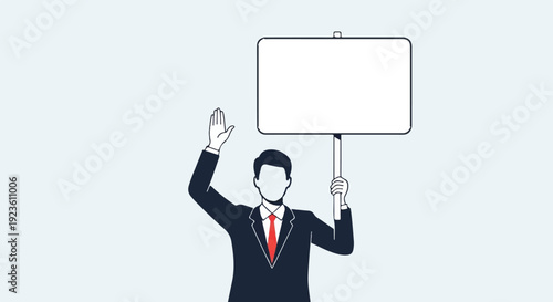 Anonymous figure in suit holds blank sign aloft