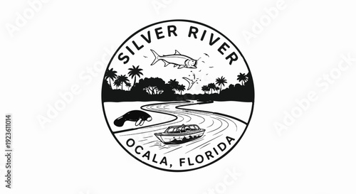 Black and white circular emblem depicting a river scene with wildlife and boat
