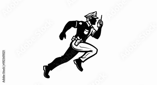 Dynamic silhouette of a law enforcement officer in motion, speaking into a radio