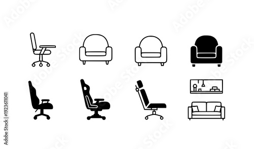 Minimal Office Chair Icon Set Gaming Armchair Flat Line Furniture Vector Collection Transparent