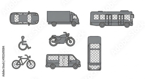 Various modes of transportation including cars, trucks, buses, and bicycles, all in a grayscale illustration.