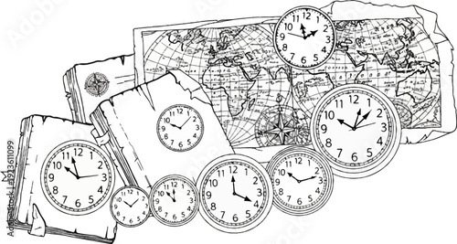 Antique maps and a collection of clocks, depicting time and travel