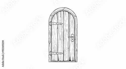 Arched wooden door with rustic texture, hinges, and ornate knob