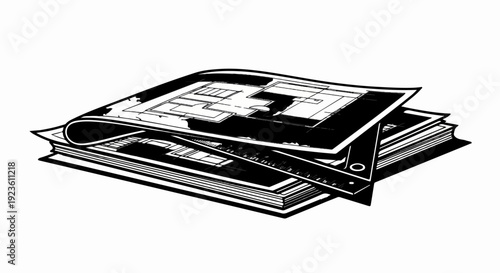 Architectural blueprints and a ruler are stacked neatly