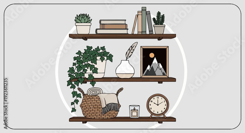 Cozy shelf display with plants, books, art, and home decor items