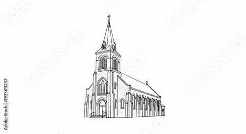 Architectural drawing of a stone church with a steeple and cross
