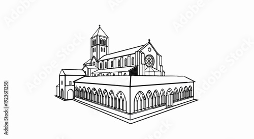 Architectural drawing of a grand basilica with a cloister and bell tower