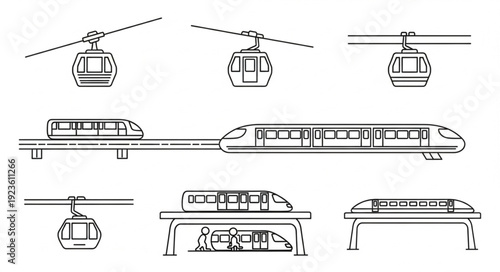 Various modes of transportation including cable cars and monorail systems.