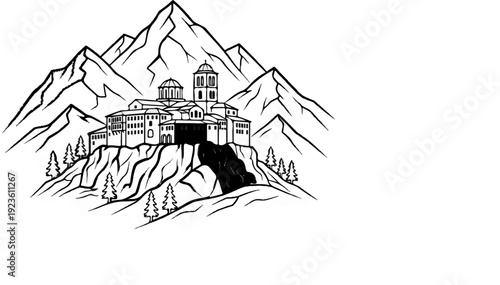 Architectural monastery on rocky peak surrounded by mountains and trees