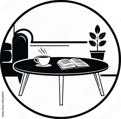 Cozy scene with steaming coffee, open book, and potted plant