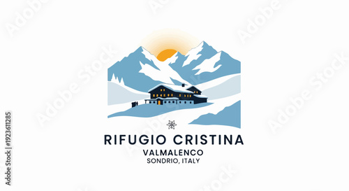 Cozy mountain refuge under snowy peaks with warm lights and sunrise