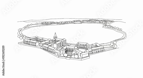 Architectural sketch of a historical village with a central church and surrounding buildings