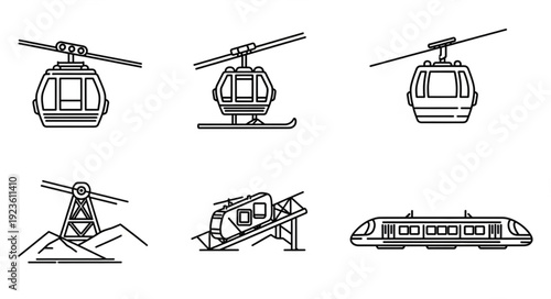 Various modes of transportation, including cable cars and a train, depicted in line art.