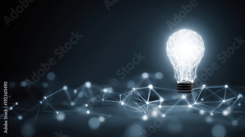 Futuristic light bulb with glowing wires surrounded by interconnected lines and dots symbolizing innovation and technology in a modern digital environment