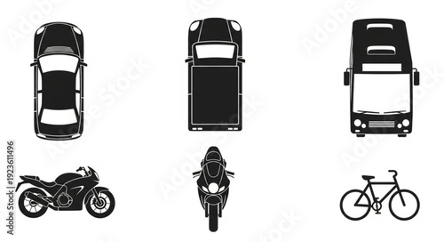 Various modes of transportation depicted in top and side views against a white background.