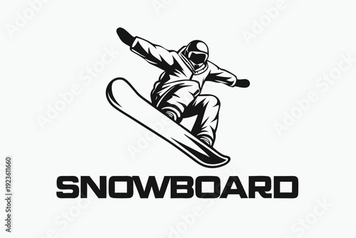 Monochromatic snowboarder performs jump maneuvers with snowboard above text SNOWBOARD on bright white backdrop