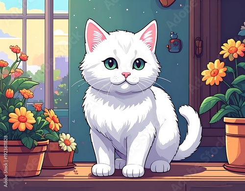 White fluffy kitten with green eyes sitting by window with flowers, in cute cartoon style with bright pastel colors