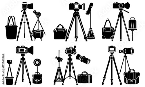 Collection of camera equipment and accessories on tripods for professional photography and videography