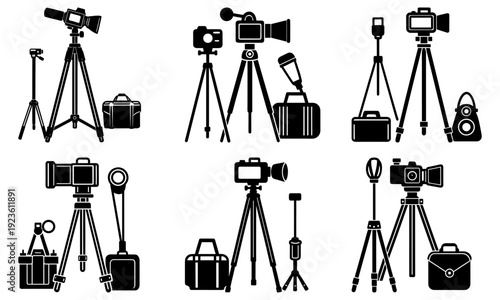 A collection of camera equipment tripods and accessories for photography and videography on a clean white background
