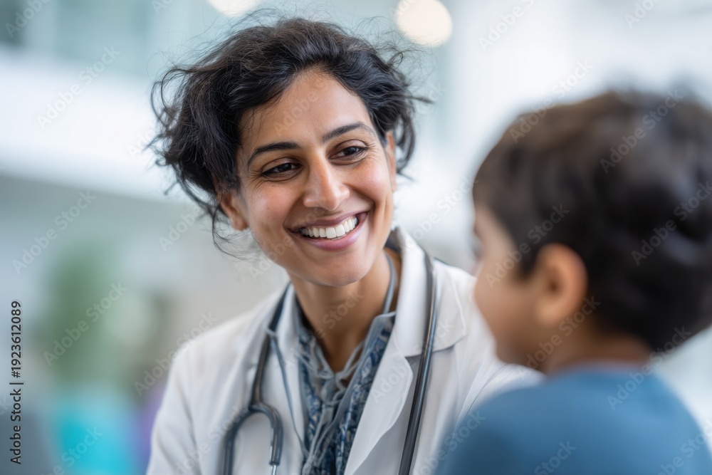 Fototapeta premium Caring Female Doctor Smiles at Child Patient generated by AI