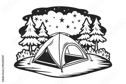 Monochrome art shows tent, evergreen trees, bushes and stars in the sky