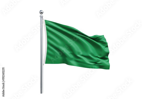 A green flag waving on a silver pole against a white background.