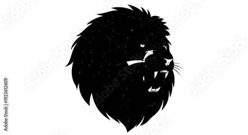 Black lion's head with open mouth and sharp teeth