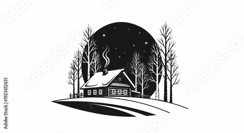 Cozy cabin nestled among snowy trees under a starry night sky