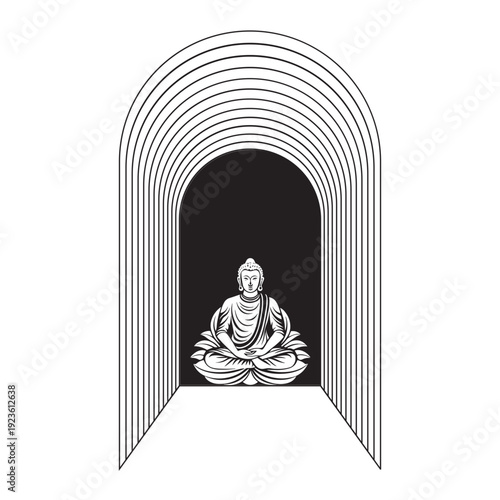 vector of a meditating Buddha statue in a lotus sitting position, placed inside a niche or arched passageway with a minimalist design.
