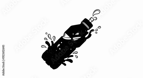 Black liquid splashing out of a tilted bottle, dynamic movement