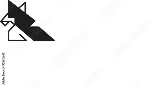 Black abstract angular graphic resembling a leaping animal silhouette on white