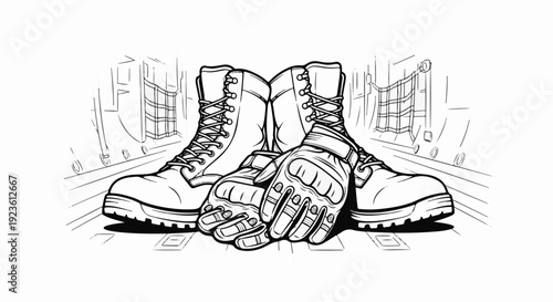 Black and white line art of combat boots and tactical gloves