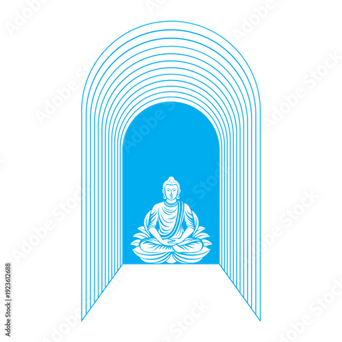 vector of a meditating Buddha statue in a lotus sitting position, placed inside a niche or arched passageway with a minimalist design.