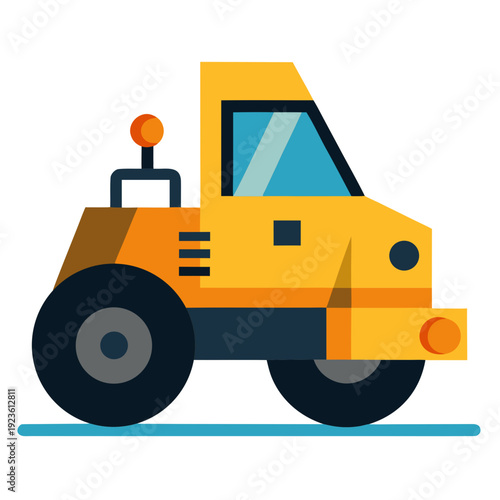 Yellow Steamroller, Road Roller Machine, Construction Equipment, Flat Vector