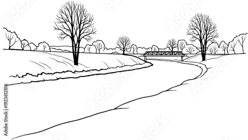 Bare trees line a snow-covered riverbank with a bridge in the distance