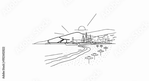 Coastal town with sailboats docked, mountains, beach umbrellas, and a sunset