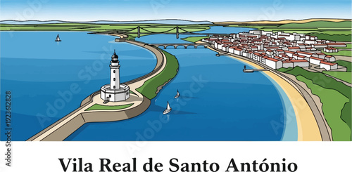Coastal town with lighthouse, bridge, and sailboats under a clear blue sky