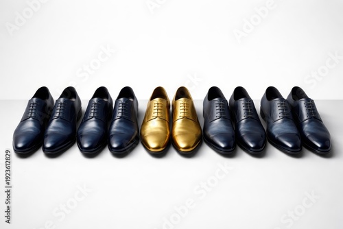 Row of elegant men dress shoes, one pair in striking gold, others in deep blue