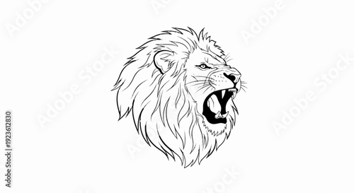 Black and white line art sketch of a roaring lion's head with a thick mane