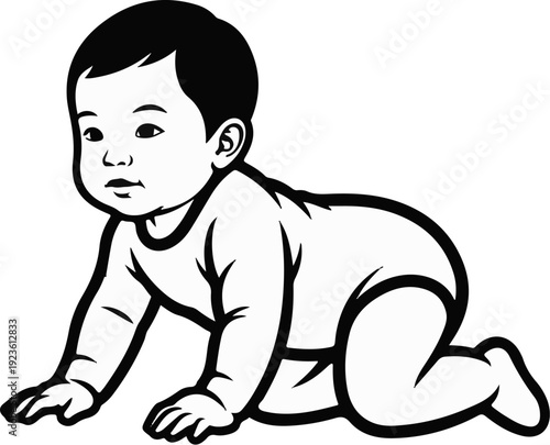 Black and white line drawing of a baby crawling on a white background