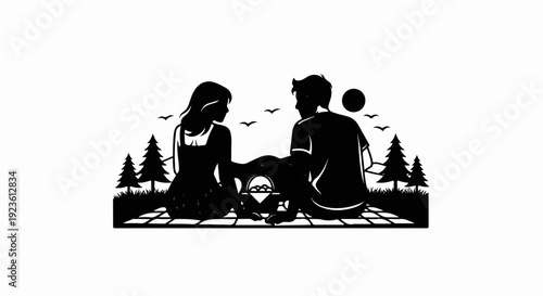 Couple enjoying a picnic outdoors with trees, birds, and a circular sun