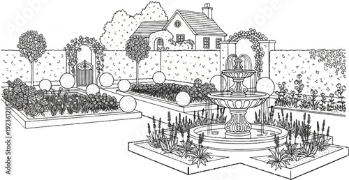 Elaborate formal garden design with ornate fountain, walled beds, and arched gate