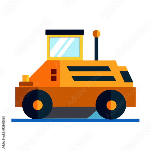 Orange Roller Machine for Road Construction, Flat Design, Vector Illustration