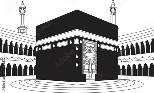 Kaaba Vector Illustration – Sacred Islamic Site in Mecca with Mosque Minarets