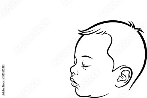 Black and white line drawing of a baby's profile sleeping peacefully